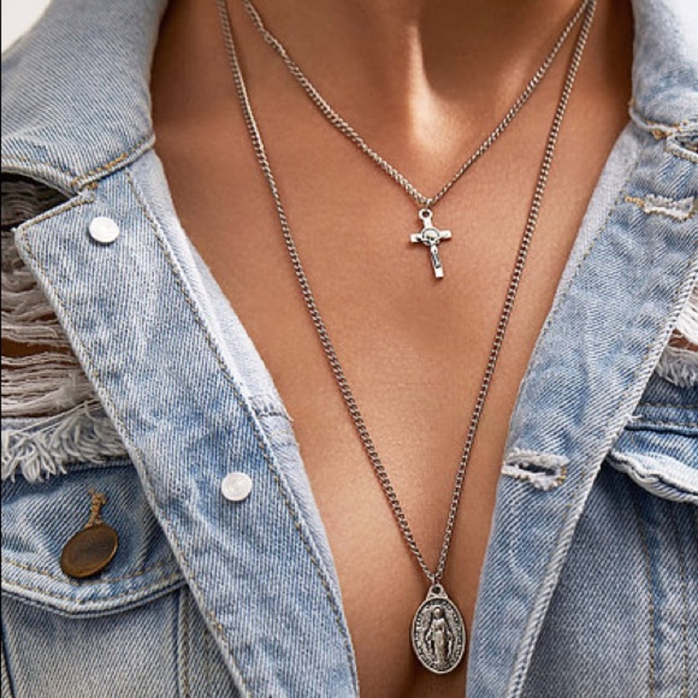 Trendy silver Virgin Mary and cross necklace set